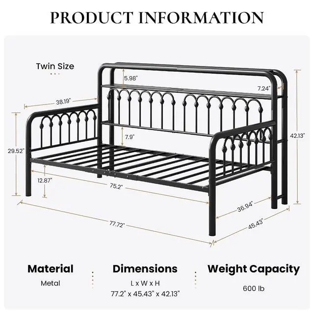 Alt view image 2 of 7 - Twin Size Daybed, Metal Sofa Bed Frame with Double-Layer Storage Headboard, LED Lighting & USB Charging Ports, Steel Slat Support, Black, for Living Room/Guest Room