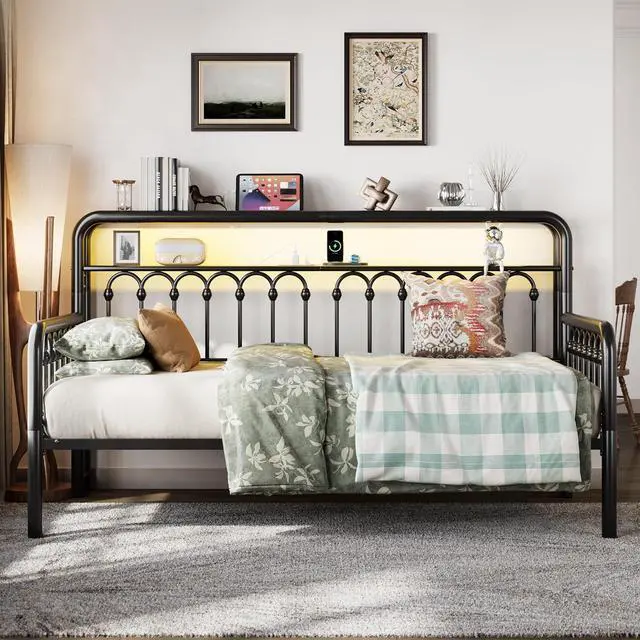 Main image of Twin Size Daybed, Metal Sofa Bed Frame with Double-Layer Storage Headboard, LED Lighting & USB Charging Ports, Steel Slat Support, Black, for Living Room/Guest Room