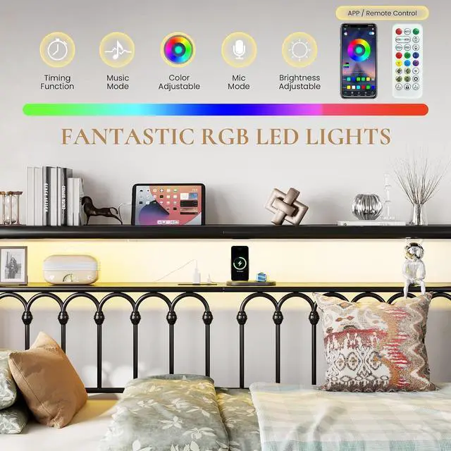 Alt view image 4 of 7 - Twin Size Daybed, Metal Sofa Bed Frame with Double-Layer Storage Headboard, LED Lighting & USB Charging Ports, Steel Slat Support, Black, for Living Room/Guest Room