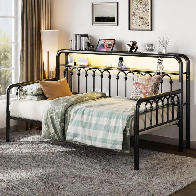 Alt view image 3 of 7 - Twin Size Daybed, Metal Sofa Bed Frame with Double-Layer Storage Headboard, LED Lighting & USB Charging Ports, Steel Slat Support, Black, for Living Room/Guest Room