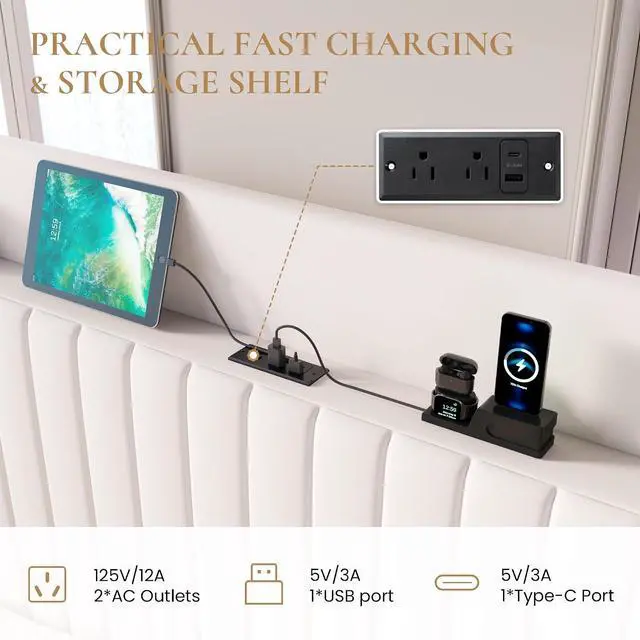 Alt view image 3 of 7 - King Size Lift Up Storage Bed Frame with Charging Station/USB,Type-C Port/Storage Headboard/Velvet Upholstered/Hydraulic Support/No Box Spring Needed/Noise Free/White