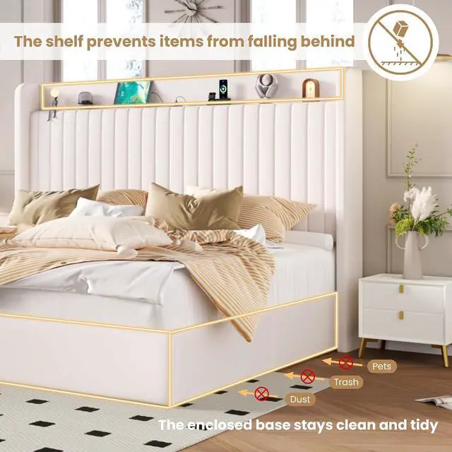 Alt view image 5 of 7 - King Size Lift Up Storage Bed Frame with Charging Station/USB,Type-C Port/Storage Headboard/Velvet Upholstered/Hydraulic Support/No Box Spring Needed/Noise Free/White