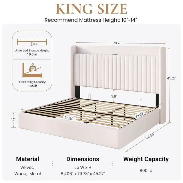 Alt view image 2 of 7 - King Size Lift Up Storage Bed Frame with Charging Station/USB,Type-C Port/Storage Headboard/Velvet Upholstered/Hydraulic Support/No Box Spring Needed/Noise Free/White