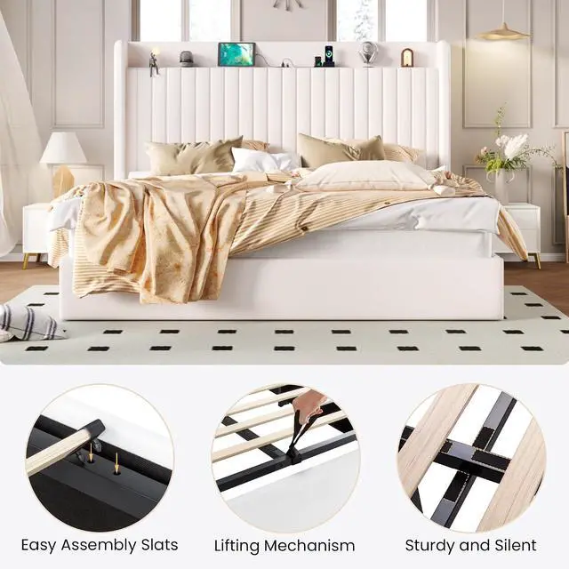 Alt view image 6 of 7 - King Size Lift Up Storage Bed Frame with Charging Station/USB,Type-C Port/Storage Headboard/Velvet Upholstered/Hydraulic Support/No Box Spring Needed/Noise Free/White