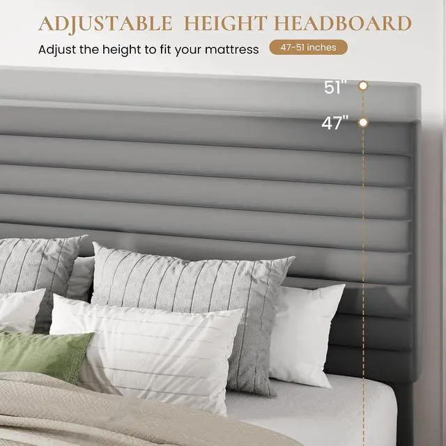 Alt view image 4 of 7 - Full Size Platform Bed Frame with Adjustable Headboard, Velvet Upholstered Bed with Under-Bed Storage, Modern Horizontal Channel Tufted, Wood Slats Support, No Box Spring Needed, Grey