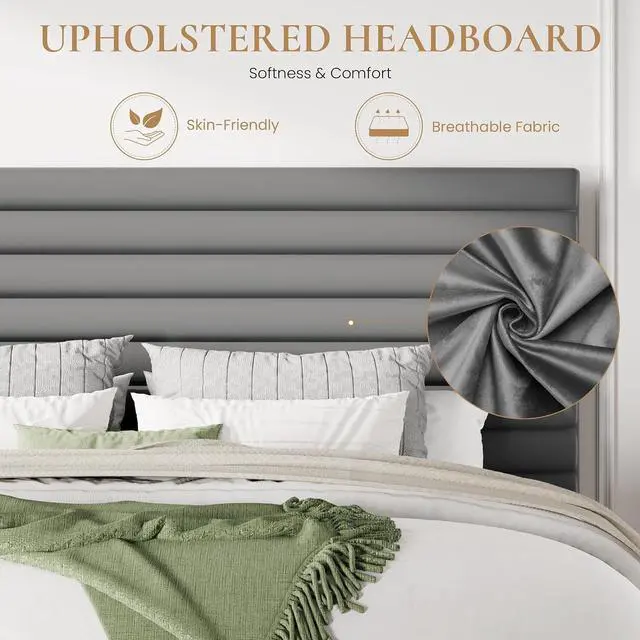 Alt view image 6 of 7 - Full Size Platform Bed Frame with Adjustable Headboard, Velvet Upholstered Bed with Under-Bed Storage, Modern Horizontal Channel Tufted, Wood Slats Support, No Box Spring Needed, Grey
