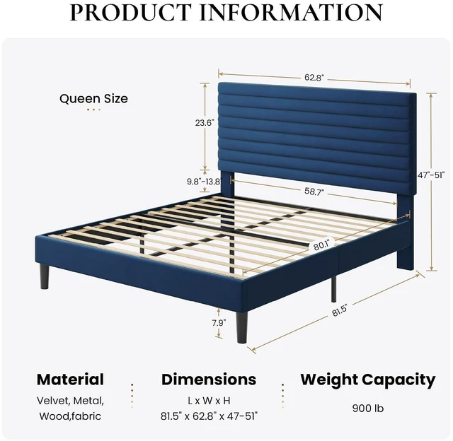 Alt view image 2 of 7 - Queen Size Platform Bed Frame with Adjustable Headboard, Velvet Upholstered Bed with Under-Bed Storage, Modern Horizontal Channel Tufted, Wood Slats Support, No Box Spring Needed, Blue