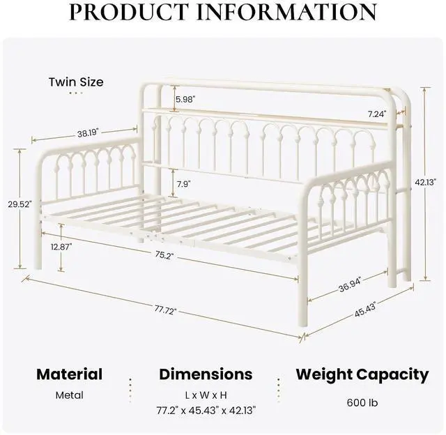 Alt view image 2 of 7 - Twin Size Daybed, Metal Sofa Bed Frame with Double-Layer Storage Headboard, LED Lighting & USB Charging Ports, Steel Slat Support, White, for Living Room/Guest Room