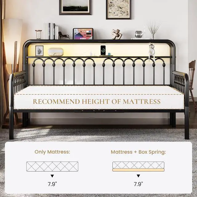 Alt view image 7 of 7 - Twin Size Daybed, Metal Sofa Bed Frame with Double-Layer Storage Headboard, LED Lighting & USB Charging Ports, Steel Slat Support, Black, for Living Room/Guest Room