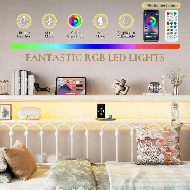 Alt view image 4 of 7 - Twin Size Daybed, Metal Sofa Bed Frame with Double-Layer Storage Headboard, LED Lighting & USB Charging Ports, Steel Slat Support, White, for Living Room/Guest Room