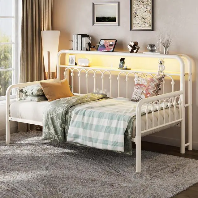 Alt view image 3 of 7 - Twin Size Daybed, Metal Sofa Bed Frame with Double-Layer Storage Headboard, LED Lighting & USB Charging Ports, Steel Slat Support, White, for Living Room/Guest Room