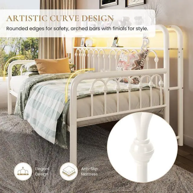 Alt view image 6 of 7 - Twin Size Daybed, Metal Sofa Bed Frame with Double-Layer Storage Headboard, LED Lighting & USB Charging Ports, Steel Slat Support, White, for Living Room/Guest Room
