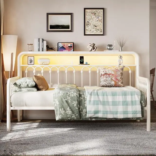 Main image of Twin Size Daybed, Metal Sofa Bed Frame with Double-Layer Storage Headboard, LED Lighting & USB Charging Ports, Steel Slat Support, White, for Living Room/Guest Room