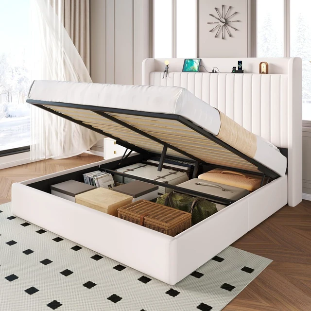 Main image of Full Size Lift Up Storage Bed Frame with Charging Station/USB,Type-C Port/Storage Headboard/Velvet Upholstered/Hydraulic Support/No Box Spring Needed/Noise Free/White