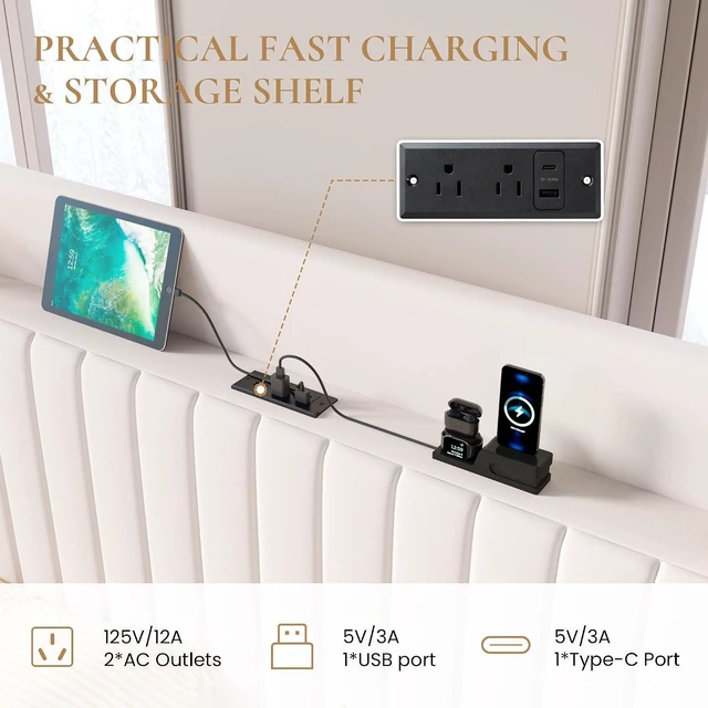 Alt view image 3 of 7 - Full Size Lift Up Storage Bed Frame with Charging Station/USB,Type-C Port/Storage Headboard/Velvet Upholstered/Hydraulic Support/No Box Spring Needed/Noise Free/White