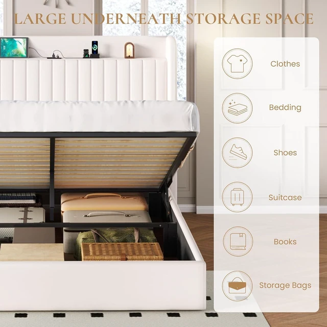 Alt view image 4 of 7 - Full Size Lift Up Storage Bed Frame with Charging Station/USB,Type-C Port/Storage Headboard/Velvet Upholstered/Hydraulic Support/No Box Spring Needed/Noise Free/White