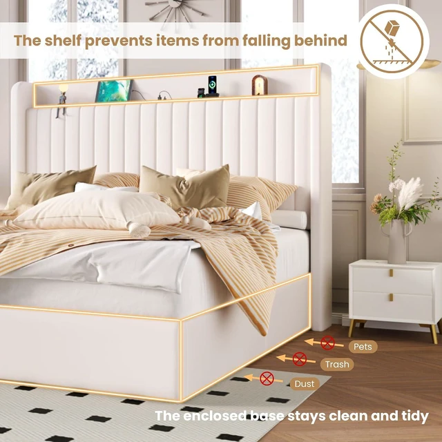 Alt view image 5 of 7 - Full Size Lift Up Storage Bed Frame with Charging Station/USB,Type-C Port/Storage Headboard/Velvet Upholstered/Hydraulic Support/No Box Spring Needed/Noise Free/White