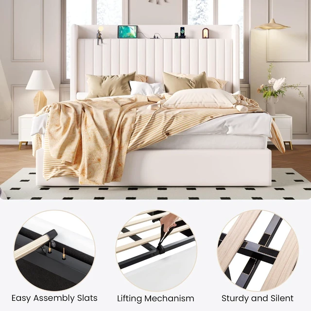 Alt view image 6 of 7 - Full Size Lift Up Storage Bed Frame with Charging Station/USB,Type-C Port/Storage Headboard/Velvet Upholstered/Hydraulic Support/No Box Spring Needed/Noise Free/White
