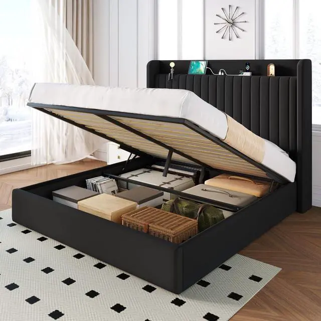 Main image of Queen Size Lift Up Storage Bed Frame with Charging Station/USB,Type-C Port/Storage Headboard/Velvet Upholstered/Hydraulic Support/No Box Spring Needed/Noise Free/Black