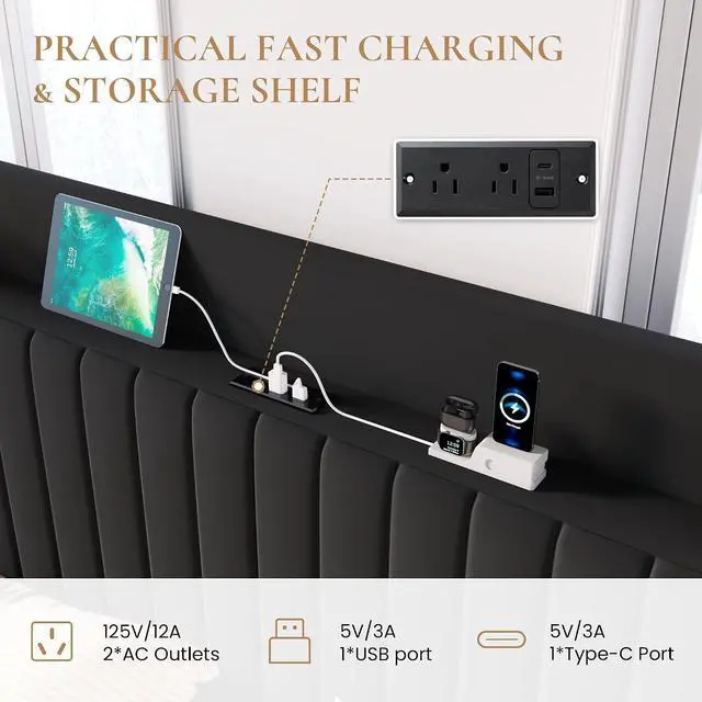 Alt view image 3 of 7 - Queen Size Lift Up Storage Bed Frame with Charging Station/USB,Type-C Port/Storage Headboard/Velvet Upholstered/Hydraulic Support/No Box Spring Needed/Noise Free/Black