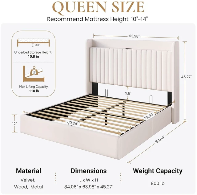Alt view image 2 of 7 - Queen Size Lift Up Storage Bed Frame with Charging Station/USB,Type-C Port/Storage Headboard/Velvet Upholstered/Hydraulic Support/No Box Spring Needed/Noise Free/White