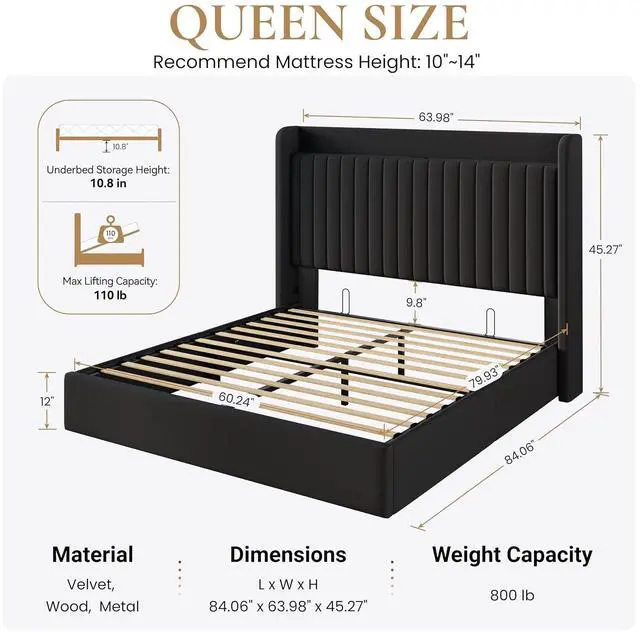 Alt view image 2 of 7 - Queen Size Lift Up Storage Bed Frame with Charging Station/USB,Type-C Port/Storage Headboard/Velvet Upholstered/Hydraulic Support/No Box Spring Needed/Noise Free/Black
