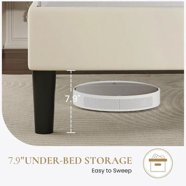 Alt view image 5 of 7 - King Size Platform Bed Frame with Adjustable Headboard, Velvet Upholstered Bed with Under-Bed Storage, Modern Horizontal Channel Tufted, Wood Slats Support, No Box Spring Needed, Cream
