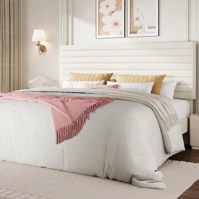 Main image of King Size Platform Bed Frame with Adjustable Headboard, Velvet Upholstered Bed with Under-Bed Storage, Modern Horizontal Channel Tufted, Wood Slats Support, No Box Spring Needed, Cream