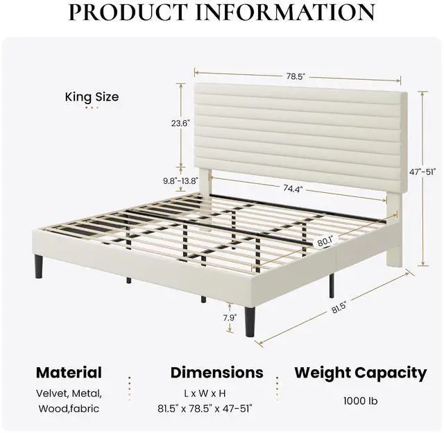 Alt view image 2 of 7 - King Size Platform Bed Frame with Adjustable Headboard, Velvet Upholstered Bed with Under-Bed Storage, Modern Horizontal Channel Tufted, Wood Slats Support, No Box Spring Needed, Cream