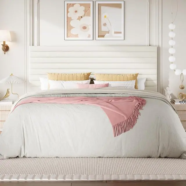 Alt view image 3 of 7 - King Size Platform Bed Frame with Adjustable Headboard, Velvet Upholstered Bed with Under-Bed Storage, Modern Horizontal Channel Tufted, Wood Slats Support, No Box Spring Needed, Cream