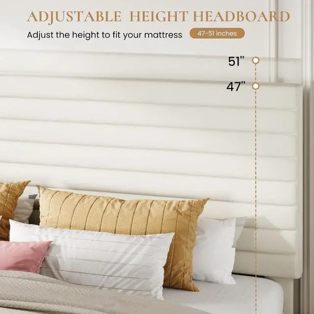 Alt view image 4 of 7 - King Size Platform Bed Frame with Adjustable Headboard, Velvet Upholstered Bed with Under-Bed Storage, Modern Horizontal Channel Tufted, Wood Slats Support, No Box Spring Needed, Cream