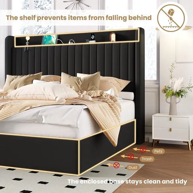 Alt view image 5 of 7 - Queen Size Lift Up Storage Bed Frame with Charging Station/USB,Type-C Port/Storage Headboard/Velvet Upholstered/Hydraulic Support/No Box Spring Needed/Noise Free/Black