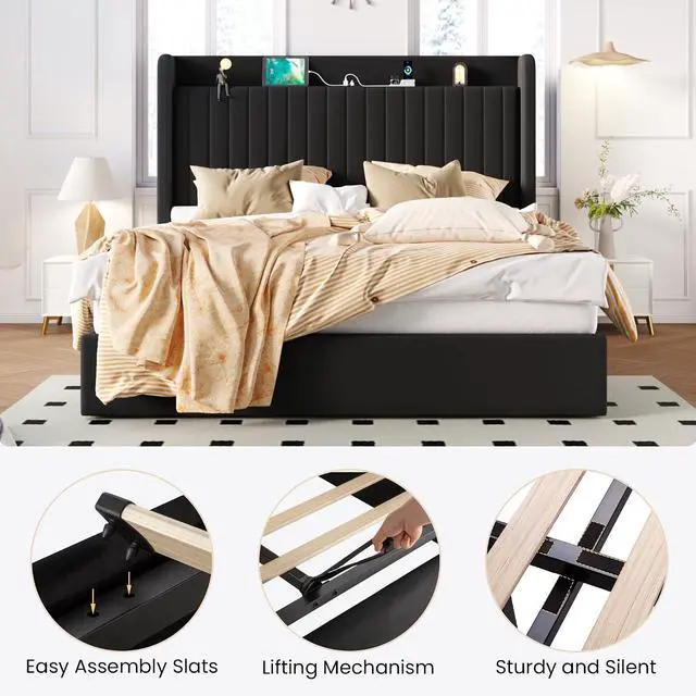 Alt view image 6 of 7 - Queen Size Lift Up Storage Bed Frame with Charging Station/USB,Type-C Port/Storage Headboard/Velvet Upholstered/Hydraulic Support/No Box Spring Needed/Noise Free/Black