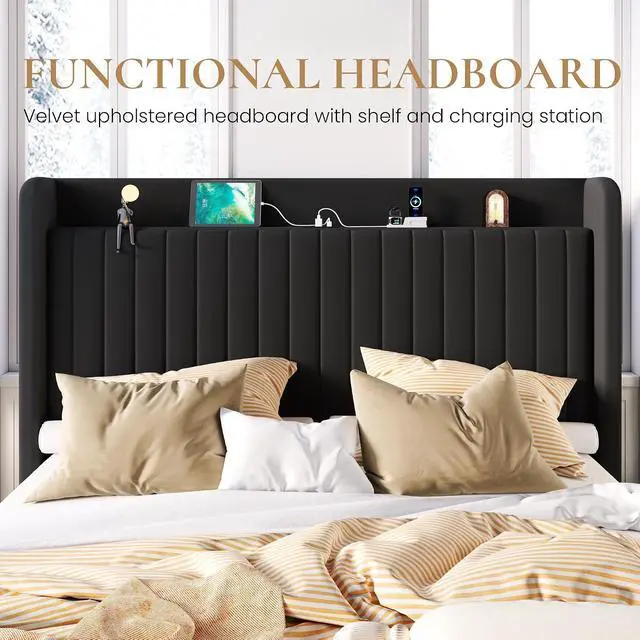 Alt view image 7 of 7 - Queen Size Lift Up Storage Bed Frame with Charging Station/USB,Type-C Port/Storage Headboard/Velvet Upholstered/Hydraulic Support/No Box Spring Needed/Noise Free/Black