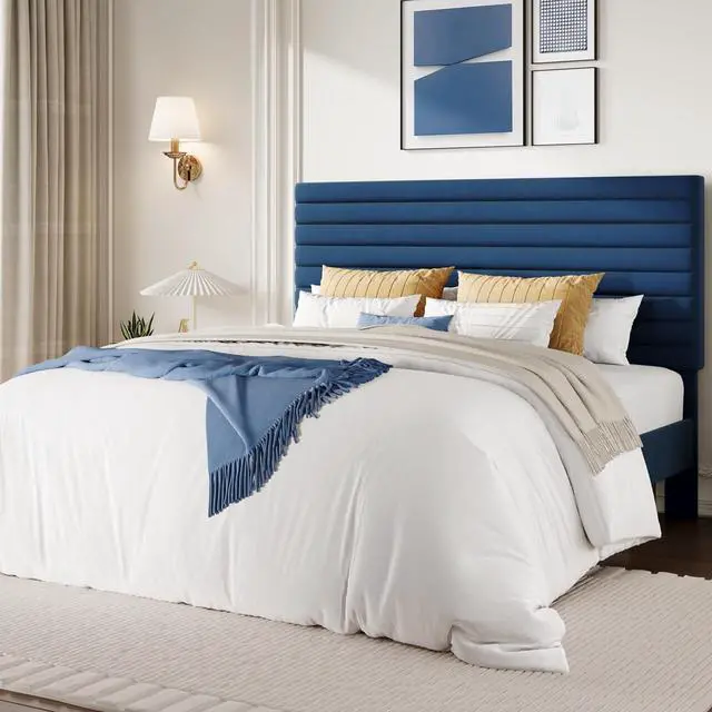 Main image of Full Size Platform Bed Frame with Adjustable Headboard, Velvet Upholstered Bed with Under-Bed Storage, Modern Horizontal Channel Tufted, Wood Slats Support, No Box Spring Needed, Blue