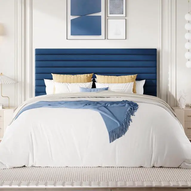 Alt view image 3 of 7 - Full Size Platform Bed Frame with Adjustable Headboard, Velvet Upholstered Bed with Under-Bed Storage, Modern Horizontal Channel Tufted, Wood Slats Support, No Box Spring Needed, Blue