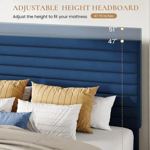Alt view image 4 of 7 - Full Size Platform Bed Frame with Adjustable Headboard, Velvet Upholstered Bed with Under-Bed Storage, Modern Horizontal Channel Tufted, Wood Slats Support, No Box Spring Needed, Blue