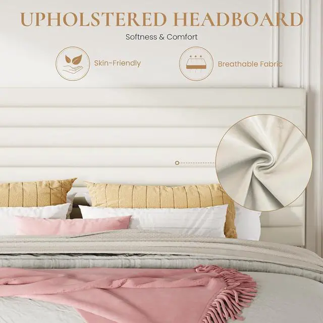 Alt view image 6 of 7 - King Size Platform Bed Frame with Adjustable Headboard, Velvet Upholstered Bed with Under-Bed Storage, Modern Horizontal Channel Tufted, Wood Slats Support, No Box Spring Needed, Cream