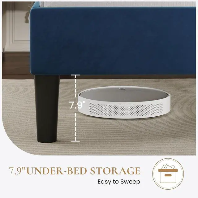 Alt view image 5 of 7 - Full Size Platform Bed Frame with Adjustable Headboard, Velvet Upholstered Bed with Under-Bed Storage, Modern Horizontal Channel Tufted, Wood Slats Support, No Box Spring Needed, Blue