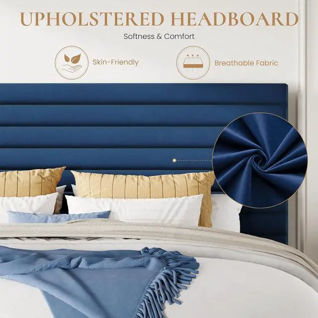 Alt view image 6 of 7 - Full Size Platform Bed Frame with Adjustable Headboard, Velvet Upholstered Bed with Under-Bed Storage, Modern Horizontal Channel Tufted, Wood Slats Support, No Box Spring Needed, Blue