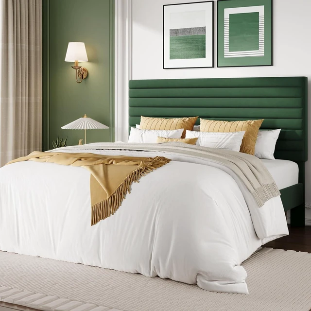 Main image of Full Size Platform Bed Frame with Adjustable Headboard, Velvet Upholstered Bed with Under-Bed Storage, Modern Horizontal Channel Tufted, Wood Slats Support, No Box Spring Needed, Green