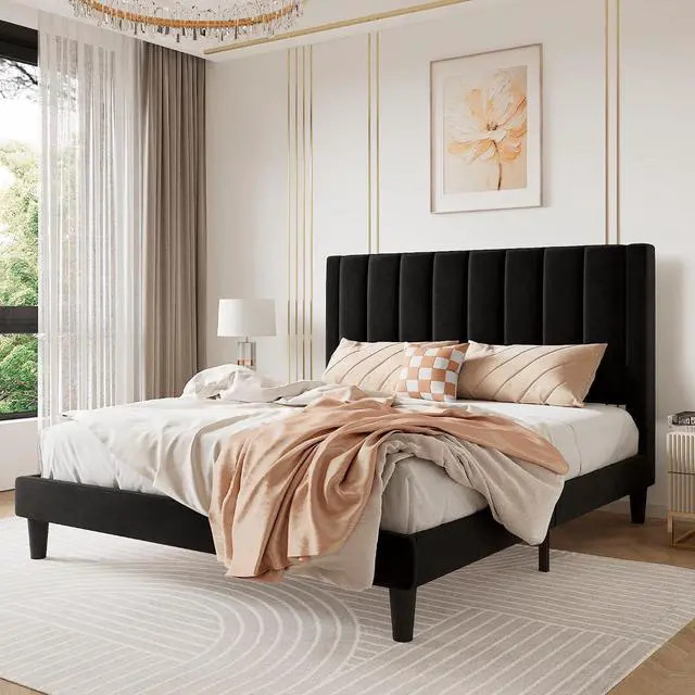 Main image of Queen Bed Frame/Velvet Upholstered Platform Bed Frame with Headboard/Strong Wood Slats Support/Mattress Foundation/No Box Spring Needed - Black