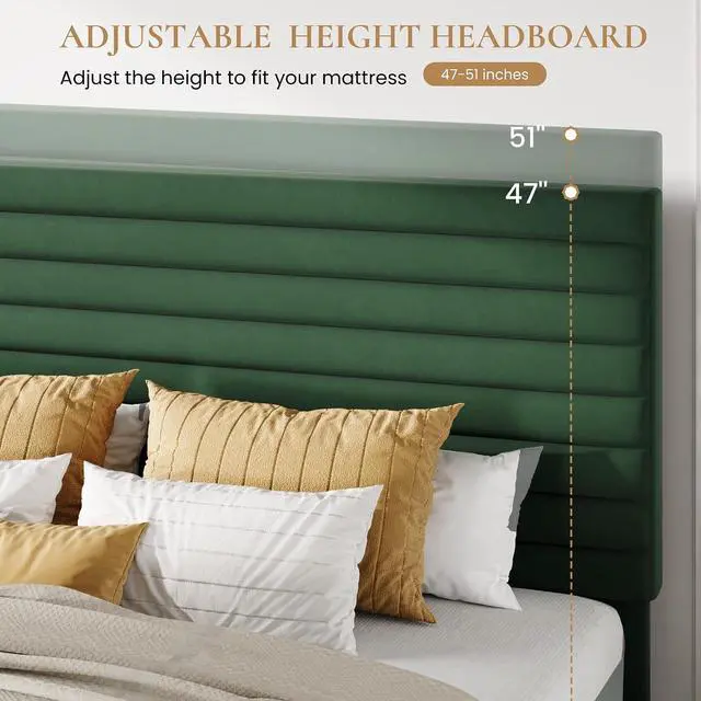 Alt view image 4 of 7 - Queen Size Platform Bed Frame with Adjustable Headboard, Velvet Upholstered Bed with Under-Bed Storage, Modern Horizontal Channel Tufted, Wood Slats Support, No Box Spring Needed, Green