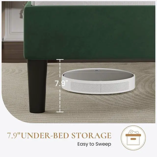 Alt view image 5 of 7 - Queen Size Platform Bed Frame with Adjustable Headboard, Velvet Upholstered Bed with Under-Bed Storage, Modern Horizontal Channel Tufted, Wood Slats Support, No Box Spring Needed, Green