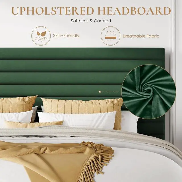 Alt view image 6 of 7 - Queen Size Platform Bed Frame with Adjustable Headboard, Velvet Upholstered Bed with Under-Bed Storage, Modern Horizontal Channel Tufted, Wood Slats Support, No Box Spring Needed, Green
