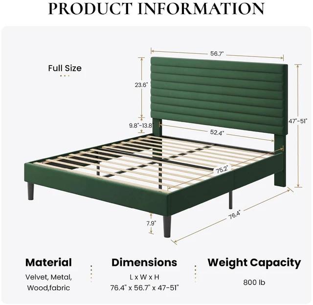 Alt view image 2 of 7 - Full Size Platform Bed Frame with Adjustable Headboard, Velvet Upholstered Bed with Under-Bed Storage, Modern Horizontal Channel Tufted, Wood Slats Support, No Box Spring Needed, Green