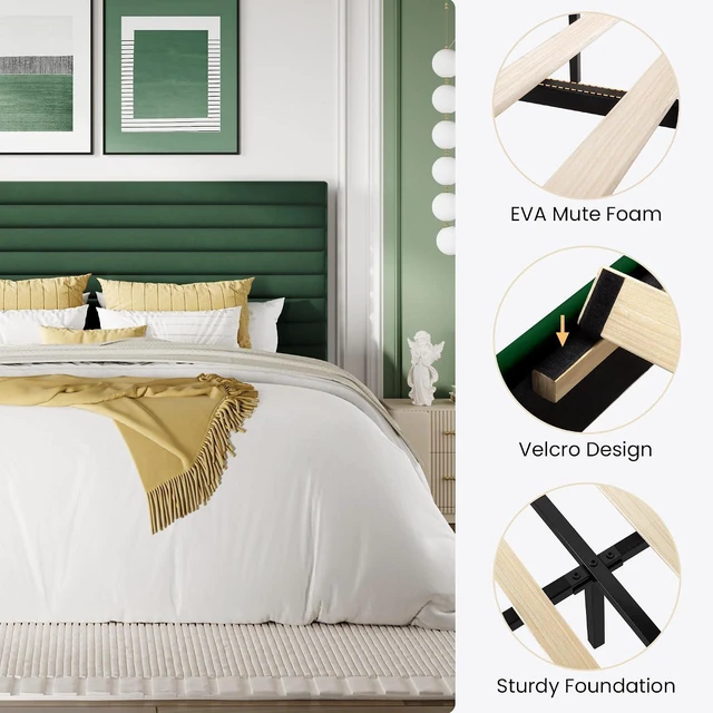 Alt view image 7 of 7 - Full Size Platform Bed Frame with Adjustable Headboard, Velvet Upholstered Bed with Under-Bed Storage, Modern Horizontal Channel Tufted, Wood Slats Support, No Box Spring Needed, Green