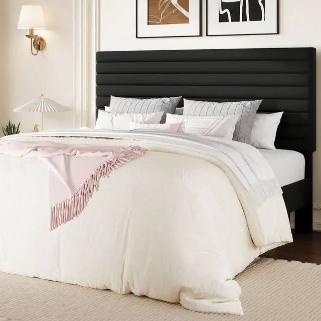 Main image of Full Size Platform Bed Frame with Adjustable Headboard, Velvet Upholstered Bed with Under-Bed Storage, Modern Horizontal Channel Tufted, Wood Slats Support, No Box Spring Needed, Black