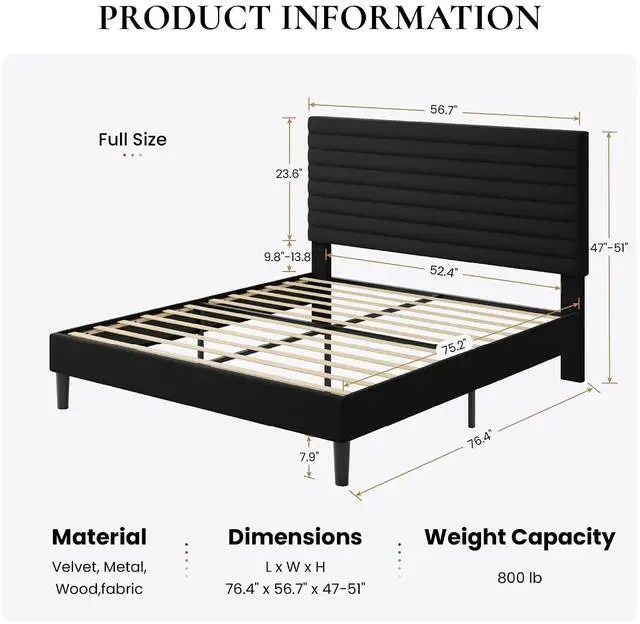Alt view image 2 of 7 - Full Size Platform Bed Frame with Adjustable Headboard, Velvet Upholstered Bed with Under-Bed Storage, Modern Horizontal Channel Tufted, Wood Slats Support, No Box Spring Needed, Black