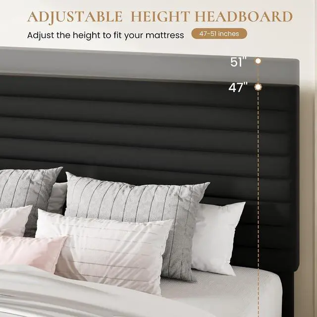 Alt view image 4 of 7 - Full Size Platform Bed Frame with Adjustable Headboard, Velvet Upholstered Bed with Under-Bed Storage, Modern Horizontal Channel Tufted, Wood Slats Support, No Box Spring Needed, Black
